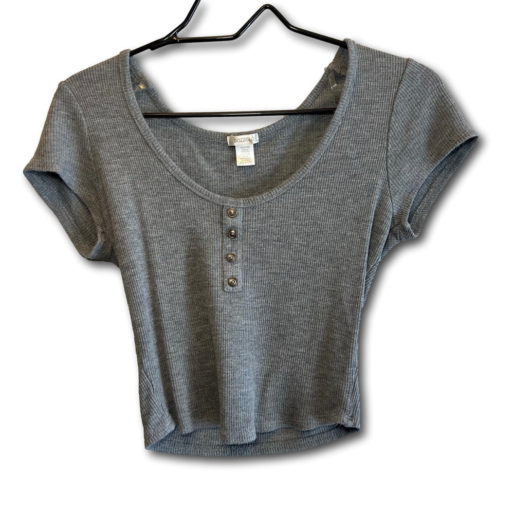 Bozzolo Crop Top Tee T-Shirt Scoop Neck Short Sleeve Ribbed Gray Junior’s Medium